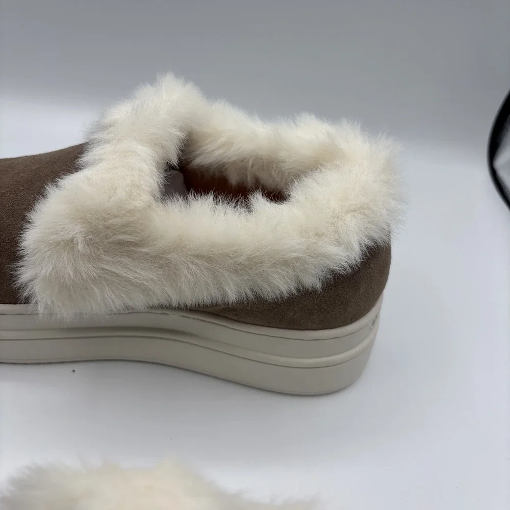 J Slides NYC Taupe Suede Neel Fur Trim Slip On Sneaker‎ Size 6M